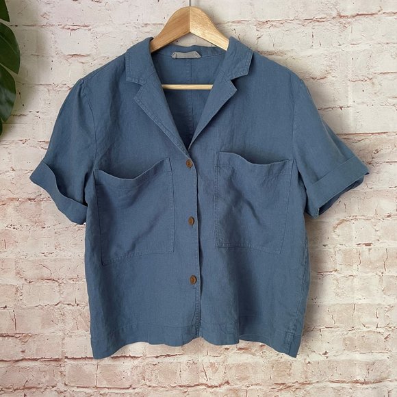 Everlane Tops - EVERLANE Short-Sleeve Blue Linen Workwear Button Shirt Size Medium M